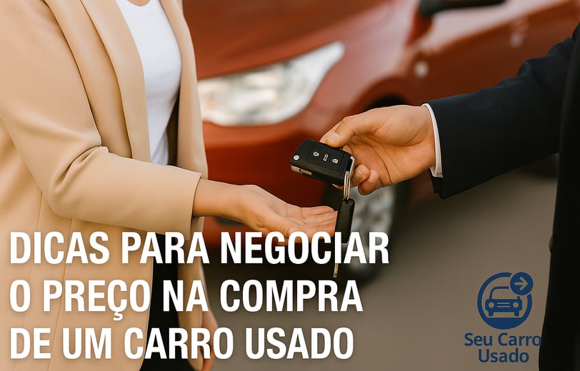 Homem e mulher trocando as chaves de um carro usado em frente a um veículo vermelho, simbolizando um