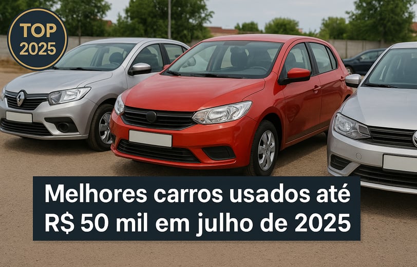 Três carros usados populares (hatch e sedã) estacionados em pátio de loja, com selo “TOP 2025”.