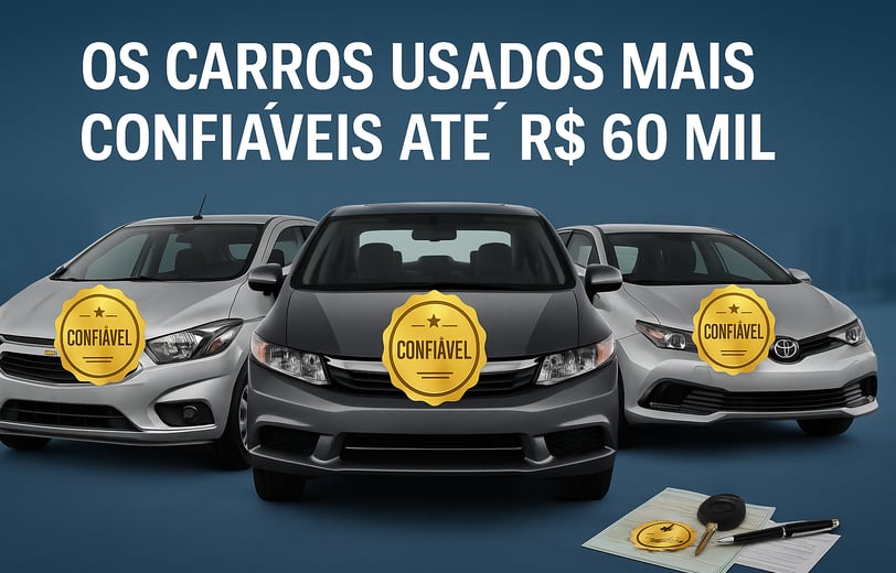 Três carros usados alinhados lado a lado — da esquerda para a direita: Chevrolet Onix, Honda City e
