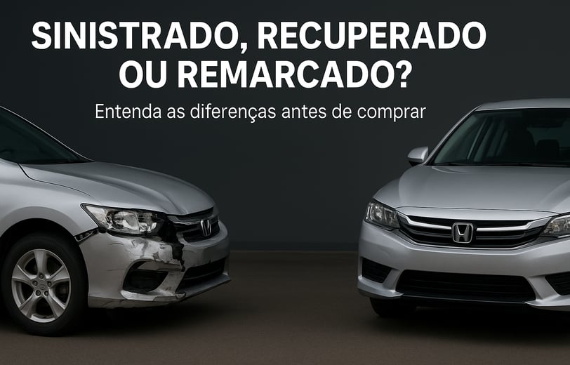 Dois carros prata lado a lado em ambiente escuro e neutro; o da esquerda está danificado com amassa