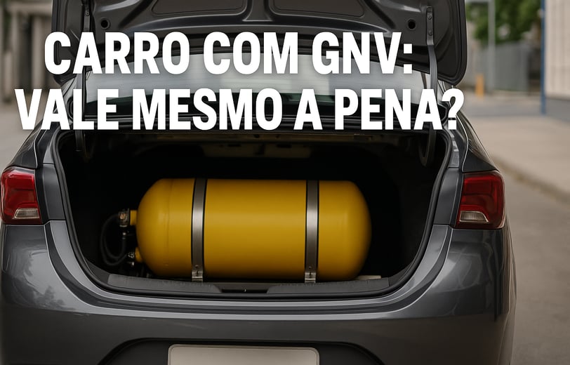 Porta-malas aberto de um carro popular seminovo com cilindro de GNV amarelo instalado de forma profi