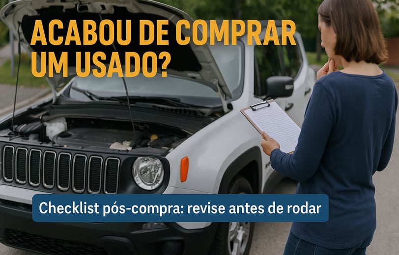 Mulher de costas, segurando uma prancheta com checklist, observa um Jeep Renegade branco com o capô