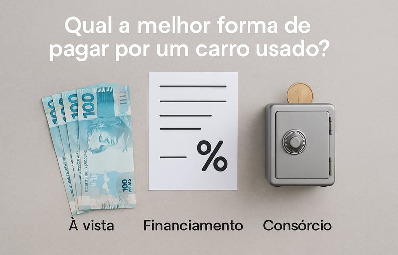 Cédulas de 100 reais, contrato com porcentagem e cofre com moeda representam formas de pagamento.
