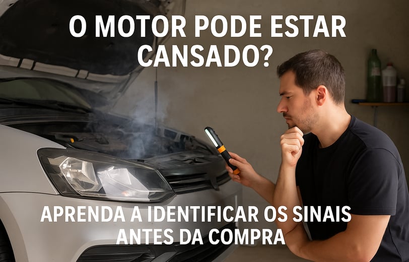 Homem inspeciona motor com lanterna em garagem, com fumaça saindo do capô e expressão preocupada.