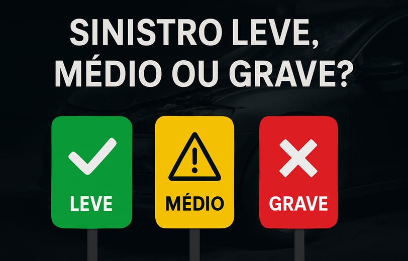 Imagem com fundo escuro mostrando um carro danificado ao fundo e três placas coloridas em destaque n