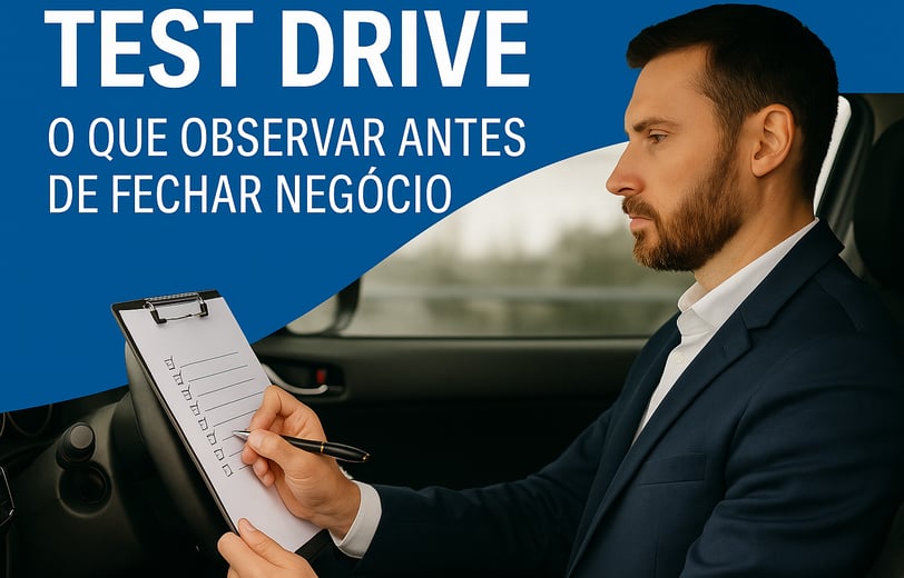 Homem de terno azul sentado ao volante durante um test drive, segurando uma prancheta com checklist,