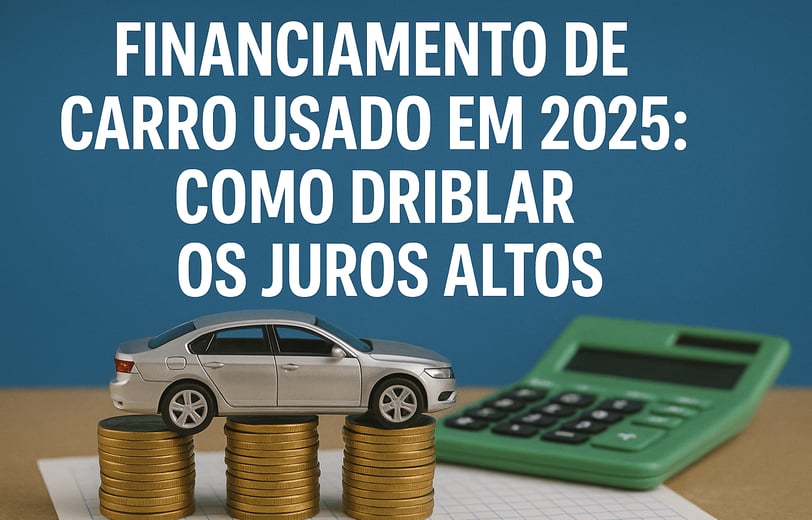 "Imagem de capa com miniatura de carro prateado sobre pilhas de moedas douradas, ao lado de uma calc