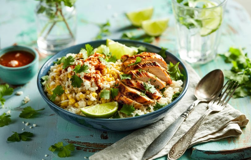street corn chicken rice bowl