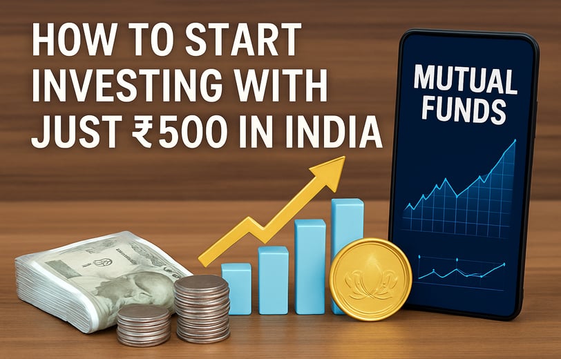 A digital graphic showing a ₹500 coin and financial growth chart, representing beginner-friendly investment options in India
