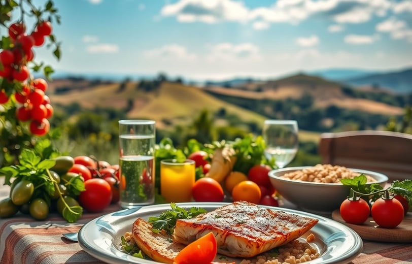 Mesa posta ao ar livre com ingredientes frescos como tomates, azeite de oliva, grãos e folhas verdes, com três pessoas sorrin