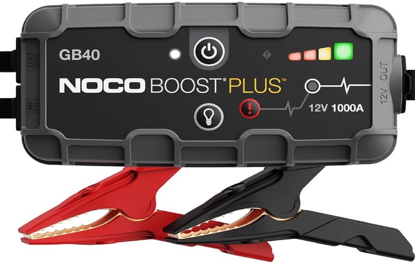 NOCO Boost Plus GB40 Jump Starter in action, reviving a car battery with its compact design, LED flashlight, and spark-proof