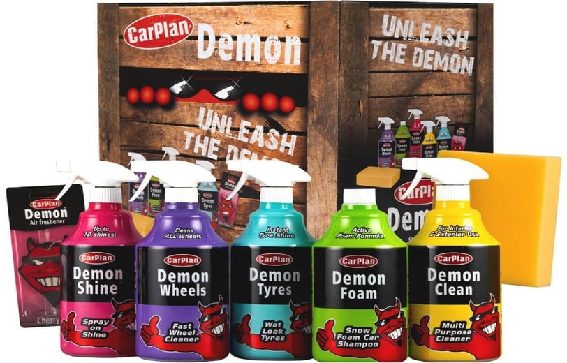 CarPlan Demon 7pc Car Care Gift Pack – All-in-one car cleaning kit with Demon Shine, Demon Wheels, and eco-friendly formulas.