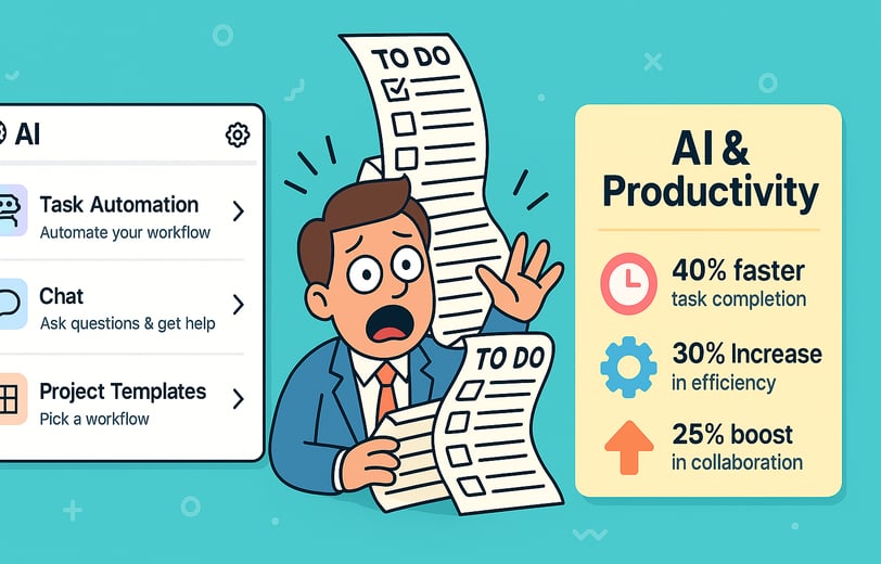 Taskade AI features, to-do list meme, and efficiency stats graphic.