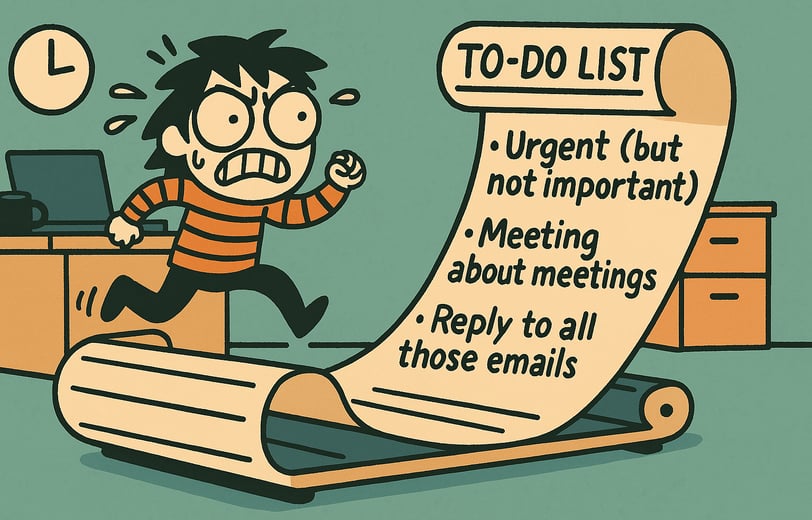 Overworked office cartoon meme with endless 'emails' and 'meetings' to-do list.