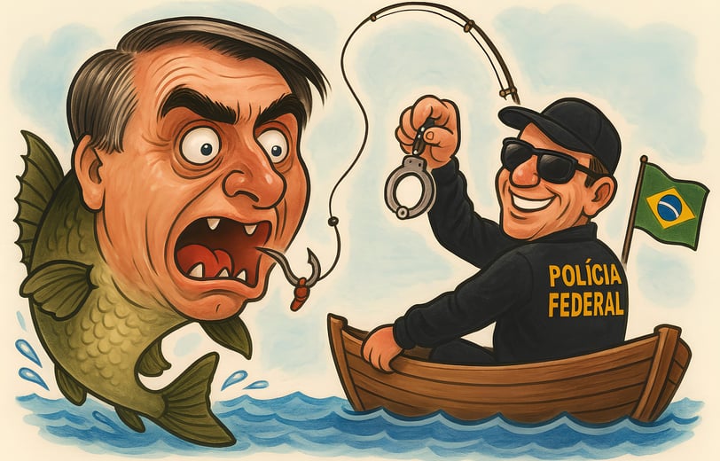 Um imenso peixe com a cabeça igual à de Jair Bolsonaro é pescado por um policial federal em um barco
