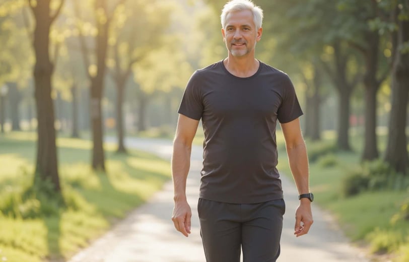 Pessoa de meia-idade caminhando em parque pela manhã, simbolizando exercício leve para saúde do fígado.