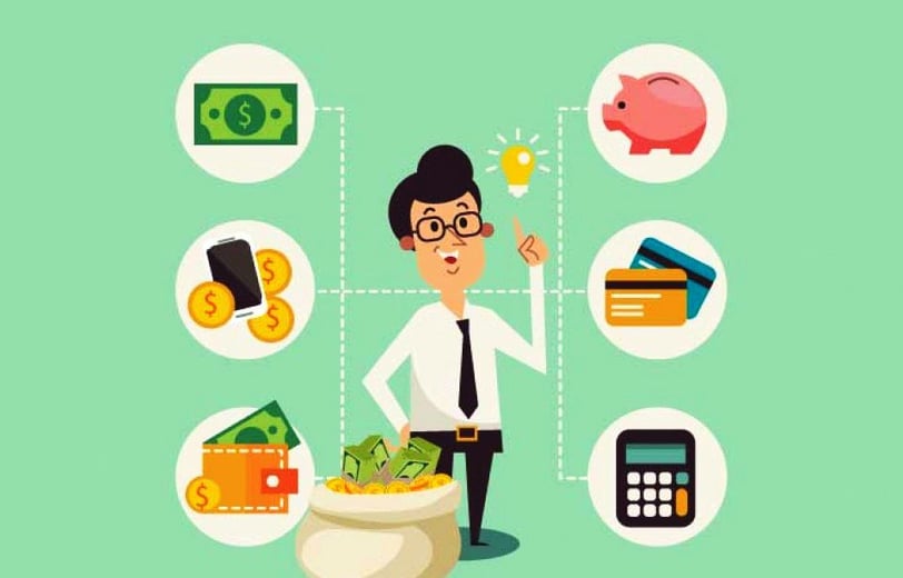 Imagem ilustrativa um investidor rodeado por outras imagens de calculadora, cartões de crédito, ...