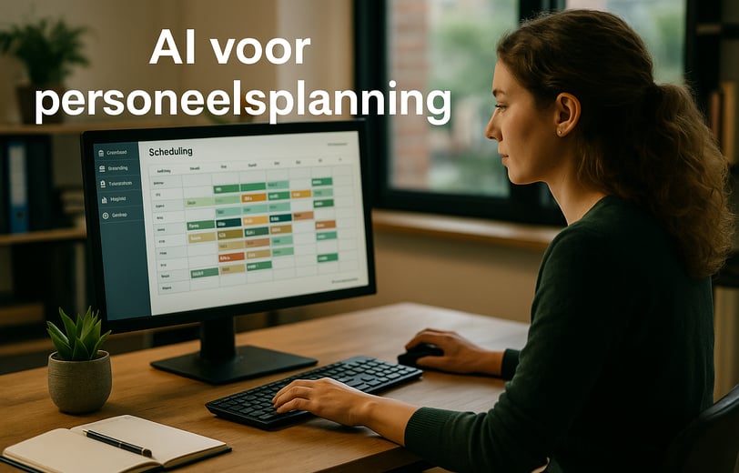 Vrouw werkt aan AI-software voor personeelsplanning op kantoor, met rooster op computerscherm