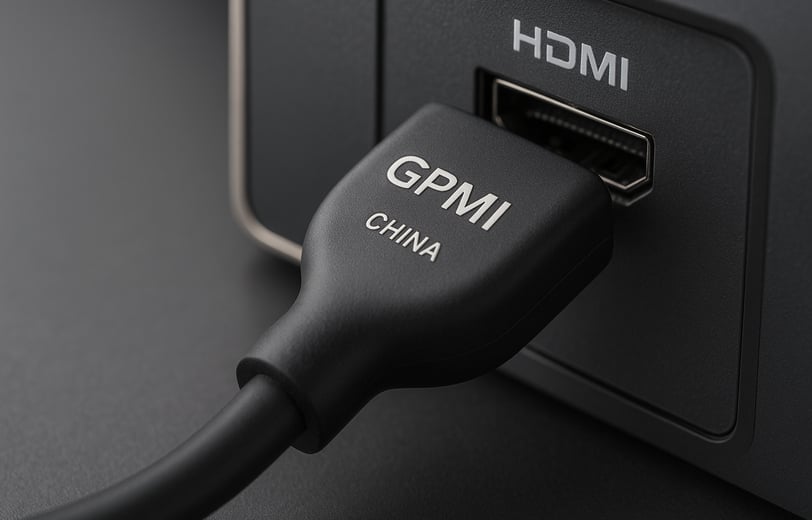 Cabo GPMI de origem chinesa conectado a uma entrada HDMI em um dispositivo eletrônico, simbolizando