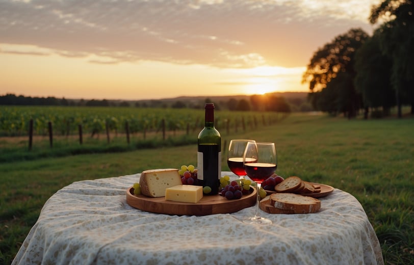 a table with a wine glass and cheese board