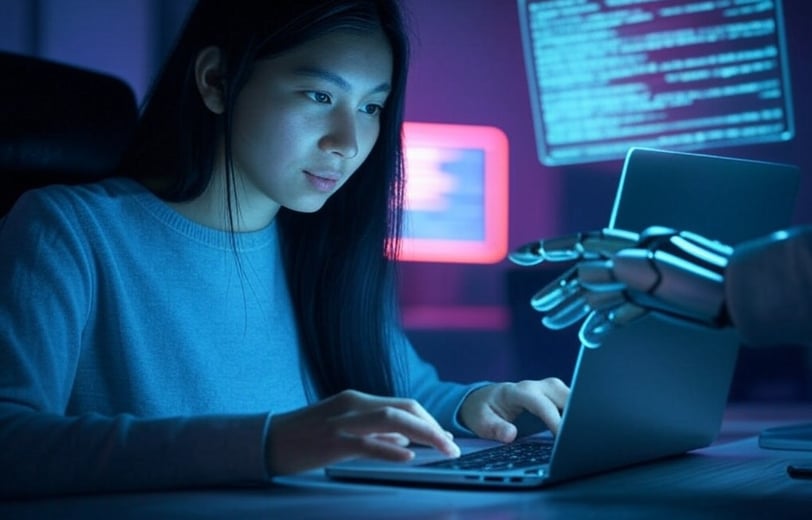 a woman sitting at a desk with a robot hand holding a robot hand