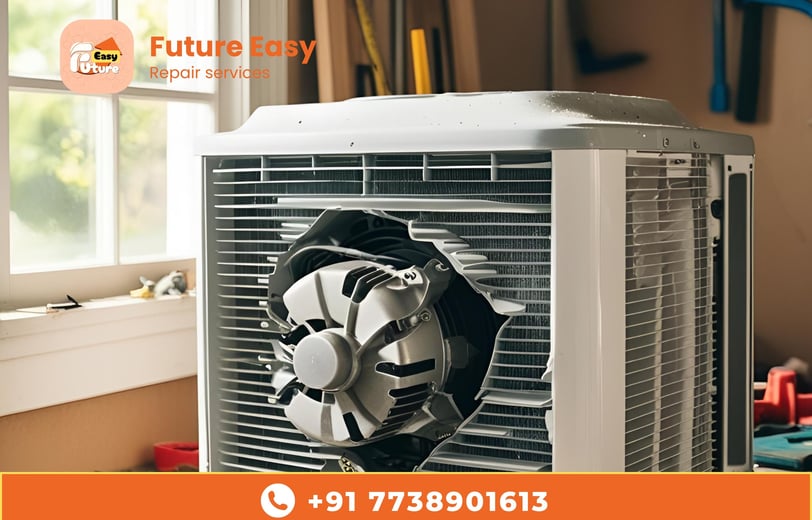 A damaged outdoor cooler with a broken fan, seen from a Future Easy perspective