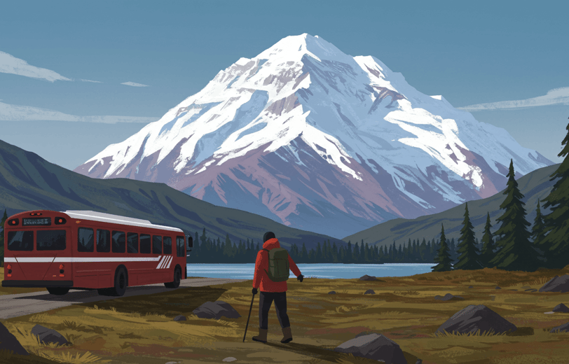 Traveler using versatile clothing for a Denali bus tour and adjusting layering clothes Denali 