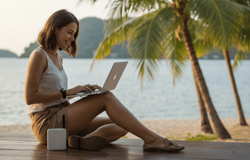 Women working while on vacation on a laptop and wireless router