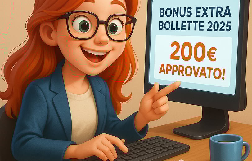 Segretaria cartoon pixar al computer e Sullo schermo appare il messaggio 'BONUS EXTRA BOLLETTE 2025 200€ APPROVATO