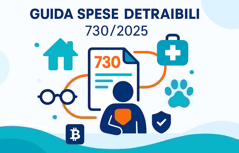 Guida CAF Public 730/2025 con simboli fiscali, criptovalute, scuola e sicurezza su sfondo chiaro