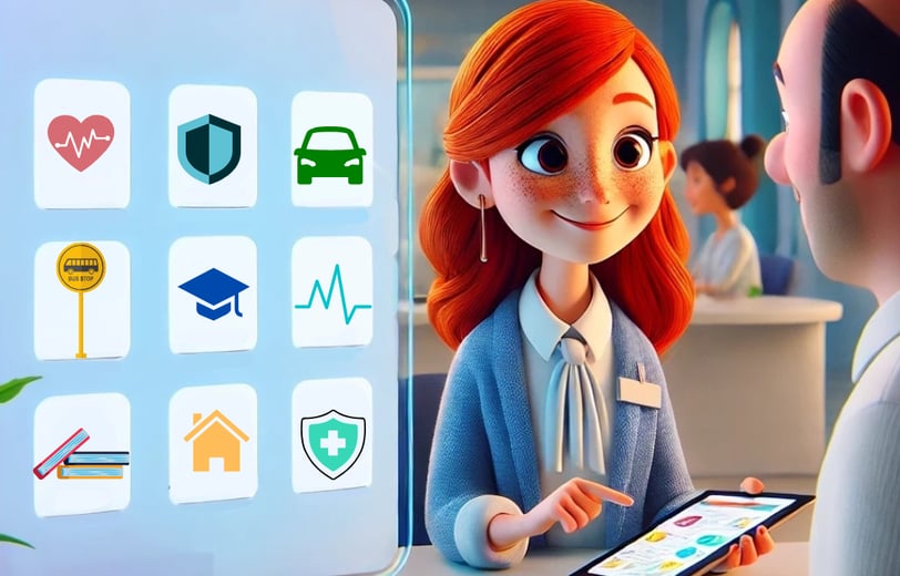 grande schermo visualizza icone di vari servizi digitali, tra cui sanità, sicurezza, trasporti, istruzione e abitazione.