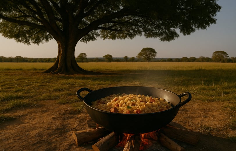 Tacho de ferro com arroz carreteiro sob a sombra de um jatobá, em cenário rural do cerrado goiano
