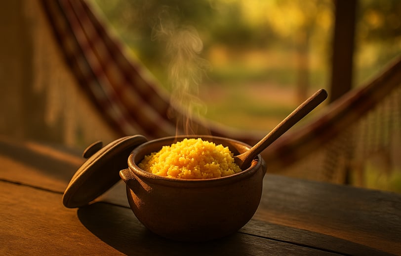 Cuscuz amarelo servido em prato de barro, ao lado de cuscuzeira artesanal sobre mesa rústica