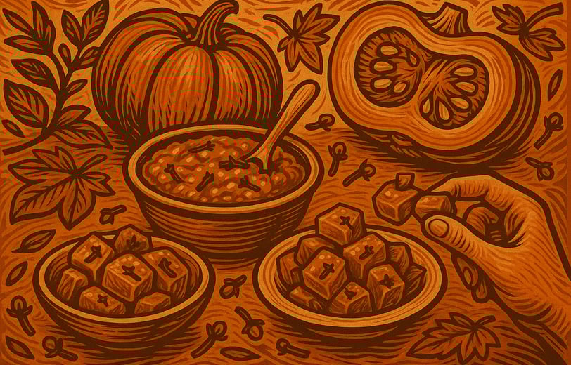 Ilustração tradicional mostra doce de abóbora com cravo em tigela de barro, rodeado por utensílios