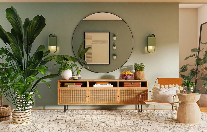 un salon avec tapis et miroir