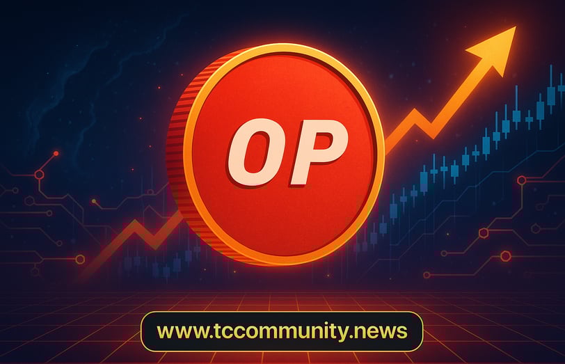 Futuristic illustration featuring a bold red Optimism (OP) coin