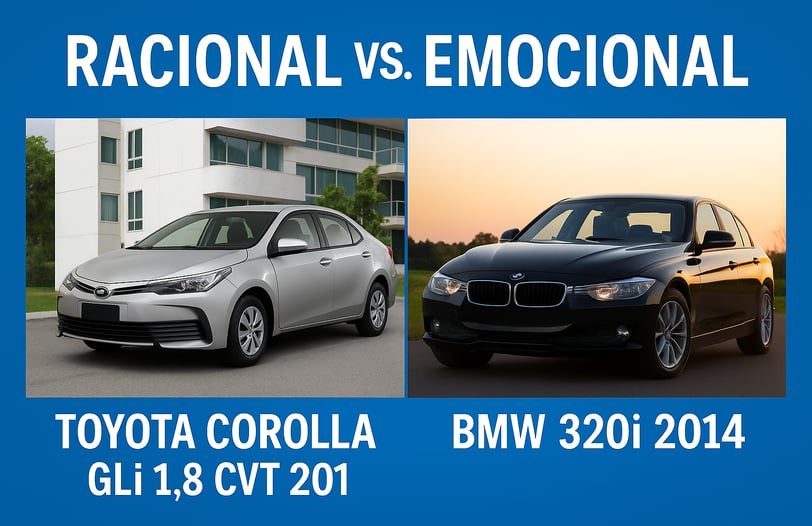 Comparativo entre Toyota Corolla GLi 1.8 CVT 2019 e BMW 320i 2014, representando uma escolha raciona