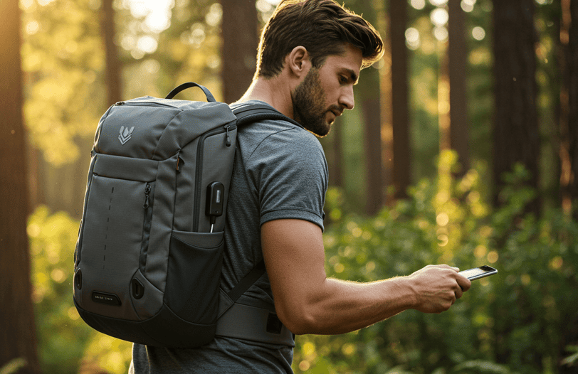 Hiker with Smart Backpack for US destinations like National Parks, Alaska, and major cities