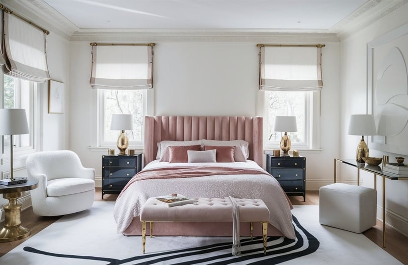 a bedroom with a pink bed and a white chair