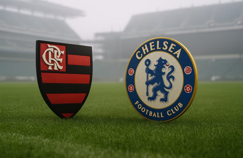 Escudos de flamengo e chelsea no campo da lincoln financial arena