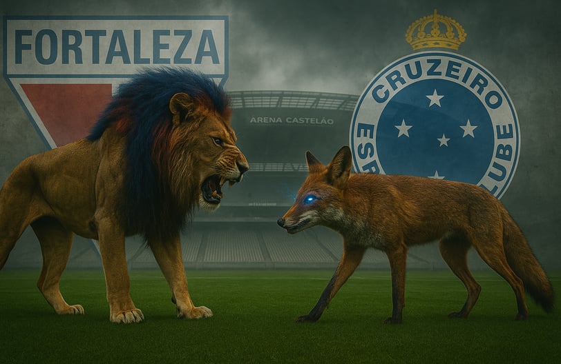 Leão tricolor encara raposa de olhos elétricos diante do Castelão encoberto por névoa.