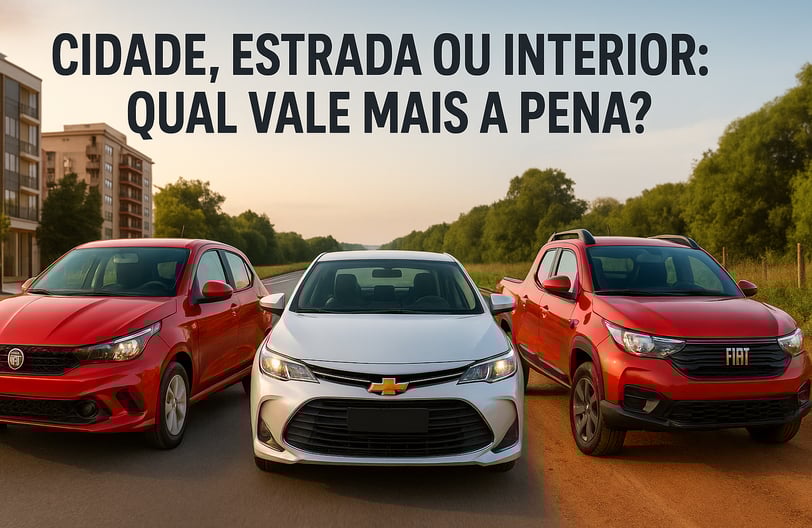 Três carros populares lado a lado em diferentes cenários: à esquerda, um carro urbano com fundo de c