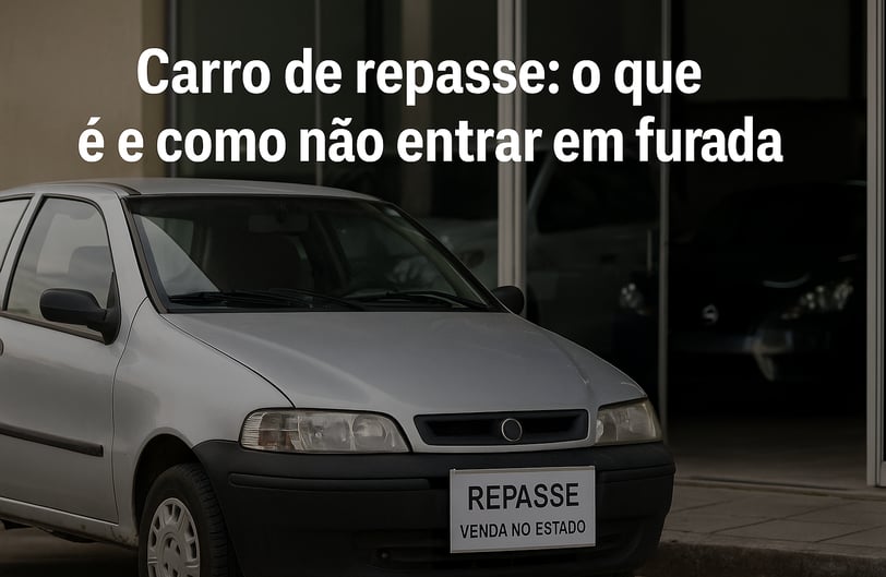 Carro de repasse estacionado com placa “venda no estado” em frente a loja de usados.