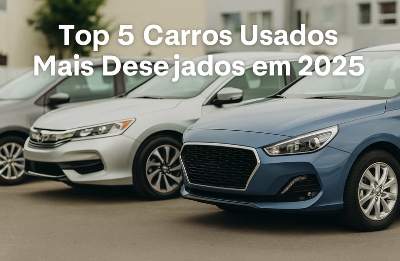 Fileira de quatro carros usados bem cuidados estacionados em um pátio de revenda, com fundo levement