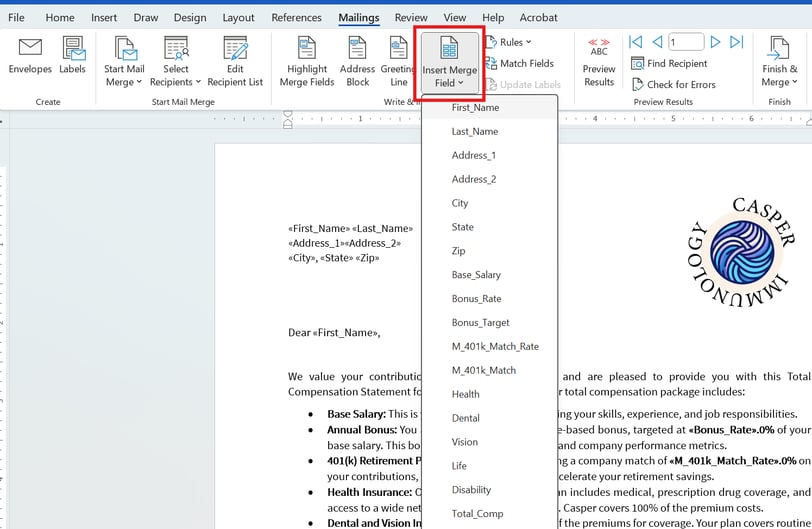 screenshot showing the Insert Merge Field dropdown list of available merge fields