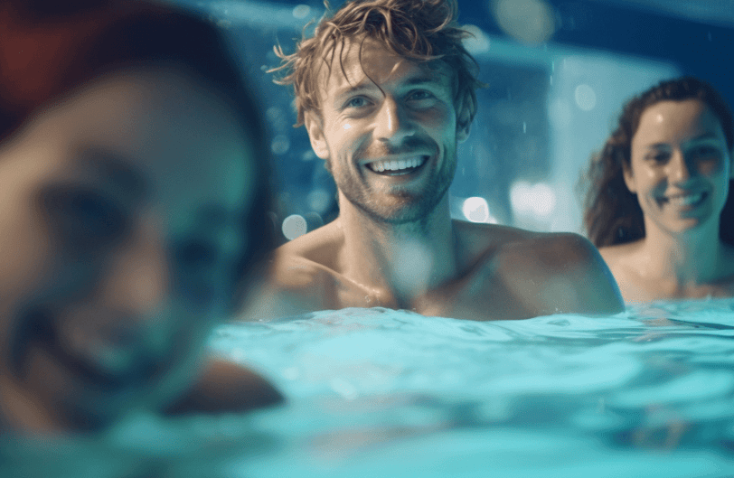 Group of men and women enjoying swimming at the public pool
