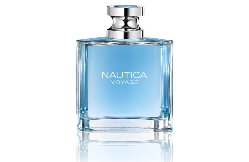 a perfume bottle with a blue and white background