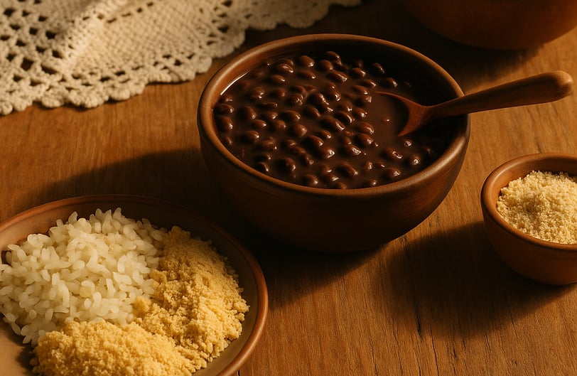 Prato tradicional brasileiro com arroz, feijão e farinha servido sobre mesa