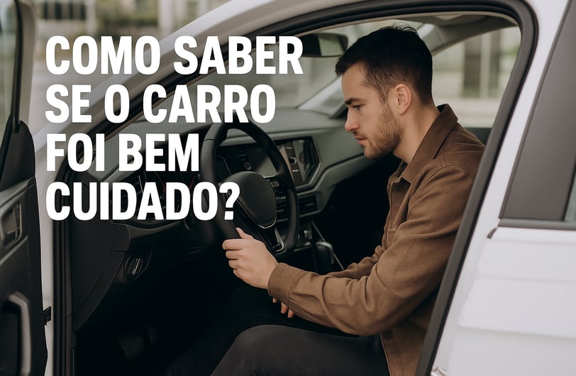 Homem inspecionando o interior de um carro usado com atenção ao volante e painel, com a porta do veí