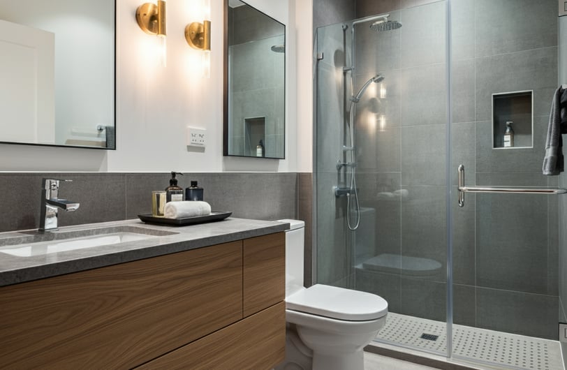 a bathroom with a toilet and a shower
